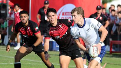 Players in action during the Gulf Under 19 boys cup semi-final 2 match between Dubai English Speaking College (black) vs Jumeirah English Speaking School.