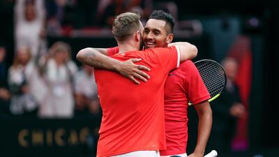 Nick Kyrgios, right, and Jack Sock concluded a successful night session at the Laver Cup for Team World with doubles victory. AP Photo