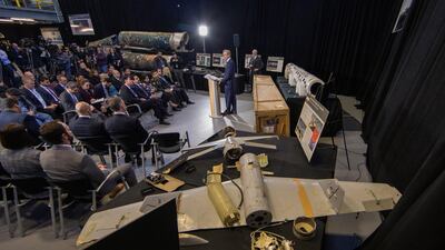 US Special Representative for Iran, Brian Hook (C), speaks at an 'Iranian Materiel Display' press conference in a hangar at Joint Base Anacostia-Bolling in Washington, DC, USA, 29 November 2018. EPA