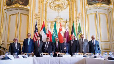 US secretary of state John Kerry poses with foreign ministers of the Gulf Cooperation Council in Paris on May 8, 2015. Andrew Harnik, Pool/AFP Photo