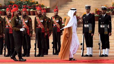 Sheikh Mohammed bin Zayed, Crown Prince of Abu Dhabi and Deputy Supreme Commander of the Armed Forces, inspects a guard of honour during a ceremonial reception at the Indian president’s house in New Delhi on Wednesday. Sheikh Mohammed will be the chief guest of honour at India’s 68th Republic Day celebrations on Thursday. Money Sharma / AFP