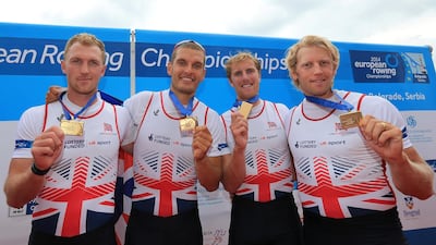 Alex Gregory, Sbihi, George Nash and Andrew Hodge Trigss pose with their gold medals after winning Men's Four final at the 2014 European Rowing Championships in Serbia.
