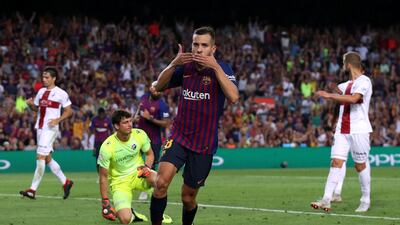 Barcelona's Jordi Alba celebrates scoring their seventh goal. REUTERS/Albert Gea