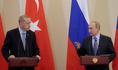 Turkish President Recep Tayyip Erdogan with Russian counterpart Vladimir Putin at a news conference following talks in the Russian resort of Sochi on October 22, 2019. Reuters