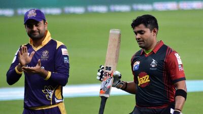 Umar Akmal, right, produced a match-winning performance with the bat to lead Lahore Qalandars to victory against Quetta Gladiators. Courtesy PCB