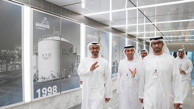 Sheikh Mohamed bin Zayed (left) tours the new expansion and development work at the Abu Dhabi National Oil Company (ADNOC) Headquarters. He is seen with Dr Sultan Al Jaber, UAE Minister of State, Chairman of Masdar and CEO of ADNOC Group (right). Hamad Al Kaabi / Ministry of Presidential Affairs
