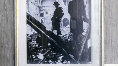 A photo of Sir Winston Churchill amidst the ruins of the House of Commons after bombing in 1941. When it was rebuilt following the Second World War, he declared that the entrance to the chamber should be left with it’s battle scars. To this day, it called the Churchill Arch. Reem Mohammed / The National