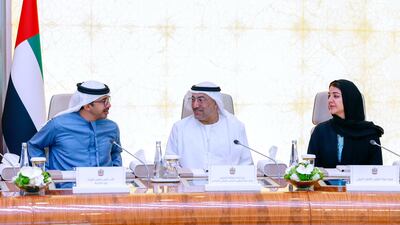 Sheikh Abdullah bin Zayed, Deputy Prime Minister and Minister of Foreign Affairs, with Abdulrahman Al Owais, Minister of Health and Prevention and Minister of State for FNC Affairs, and Reem Al Hashimy, Minister of State for International Co-operation.
