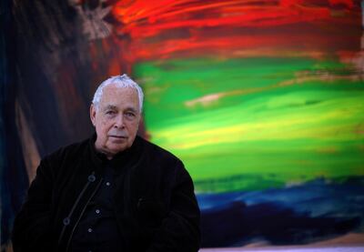 Howard Hodgkin poses next to a detail of his painting 'Where The Deer And The Antelope Play 2001-2007' at Modern Art Oxford which staged his major exhibition on June 17, 2010 in Oxford, England. Christopher Furlong / Getty Images