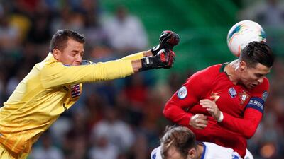 epa07913917 Portugal's Cristiano Ronaldo (R) in action against Luxemburg's Anthony Moris (L) during the UEFA 2020 Qualifying round - Group B soccer match between Portugal and Luxembourg at Alvalade stadium in Lisbon, Portugal. EPA