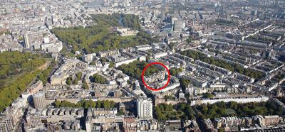 Belgrave Square, circled, is moments away from Buckingham Palace, top centre, and Hyde Park, left. Photo: Fenton Whelan