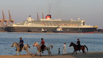 The luxury cruise liner, the Queen Mary 2, docked at Khor Fakkan port on January 28, 2015. Pawan Singh / The National