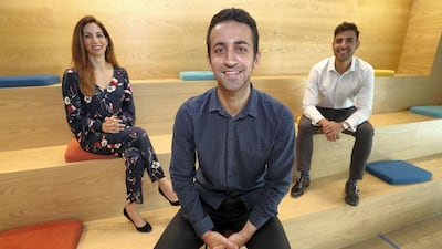 The Sarwa team: Nadine Mezher, Mark Chahwan, founder and chief executive and Danny Jabbour. The company is a fintech start-up focused on low-cost wealth management. Chris Whiteoak / The National