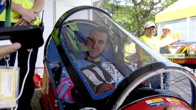 Muhammad El Maud, driver for the Emirati team from the American University of Sharjah, prepares for a practice run at the Shell Eco-marathon in Manila. Jes Aznar for The National