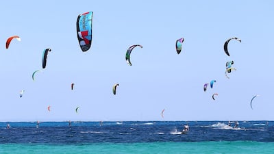 Kitesurfers get ready to race at Rottnest Island, Western Australia, for the Red Bull Lighthouse to Leighton race. Paul Kane / Getty Images