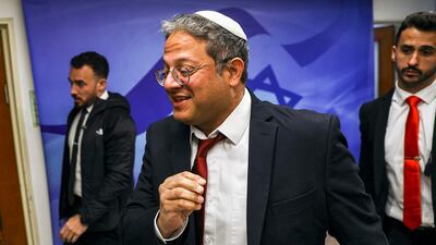 Israel's National Security Minister Itamar Ben-Gvir arrives for the weekly meeting at the prime minister's office in Jerusalem on Sunday. AFP