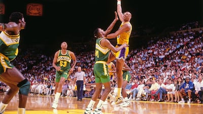Kareem Abdul-Jabbar in action against the Seattle Supersonics in 1989. Getty