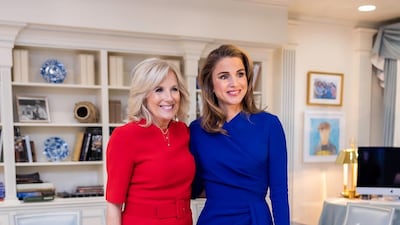 US first lady Jill Biden and Queen Rania chose head-to-toe colour, with the latter in a wrap dress by Lebanese designer Elie Saab, and the former in American label Brandon Maxwell