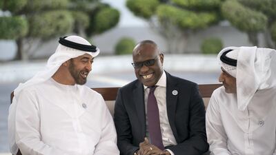 Sheikh Mohamed bin Zayed, meets with Suleiman Rassin, a special envoy of the President of Senegal. Hamad Al Kaabi / Ministry of Presidential Affairs