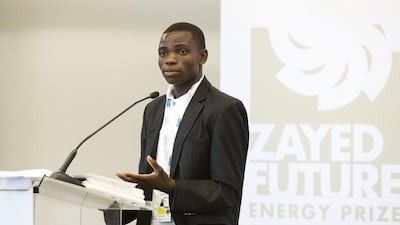 Dikirani Thaulo, a past winner of the Zayed Future Energy Prize, makes an impression with his emotive speech at the World Future Energy Summit in Abu Dhabi. Christopher Pike / The National