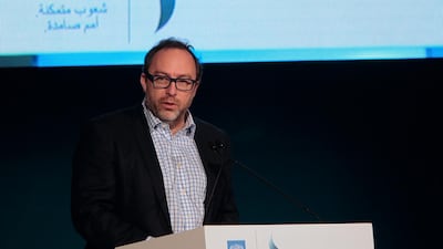 Jimmy Wales, founder of Wikipedia, speaking at the Opening Session of The First Knowledge Conference, held at Grand Hyatt Hotel in Dubai. Jeffrey E Biteng / The National