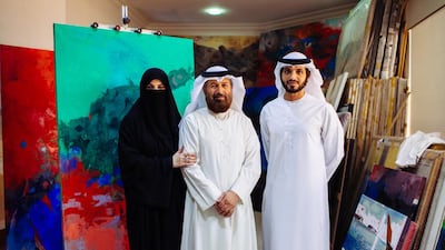 The group exhibition at Etihad Modern Art Gallery by Abdul Qader Al Rais, above centre, and his children, Sumaya and Musab, features a staggering collection of artworks in their distinctive styles – impressionist, heightened realism and still life and abstract. Anna Nielsen for The National