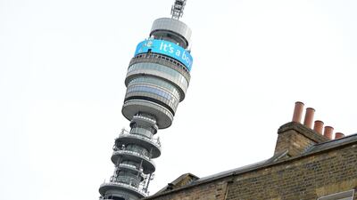 A general view of the BT Tower as it announces the birth of Catherine, Duchess of Cambridge and Prince William, Duke of Cambridge's newborn son on April 23, 2018 in London, England. (Jeff Spicer/Getty Images)