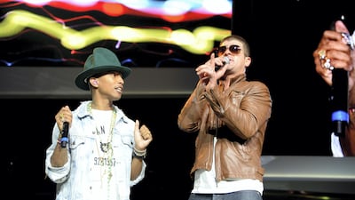 Pharrell Williams and Robin Thicke. Jamie McCarthy / Getty Images for Walmart
