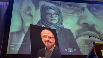 A video image of Hatice Cengiz, fiancee of slain Saudi journalist Jamal Khashoggi, is played during an event to remember Khashoggi. AP