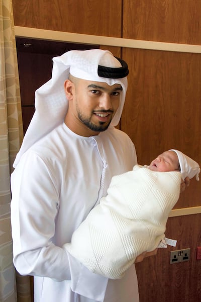 Baby Fatima with her father Majed Al Awbathani born at 12:35am of first day of Eid. Courtesy Danat Al Emarat Hospital