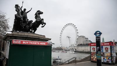 Tourist stalls remain closed on Westminster Bridge in London, England. As the COVID-19 coronavirus pandemic continues to escalate, London's streets have grown quieter as more people are encouraged to work from home and respect "social distancing" in a bid to slow the spread of the virus. Getty Images