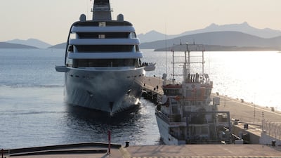 Solaris, a superyacht linked to sanctioned Russian oligarch Roman Abramovich, docks at a marina in Bodrum, in southwest Turkey. Ihlas News Agency / Reuters