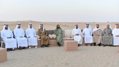 Sheikh Mohammed bin Rashid, Vice President and Ruler of Dubai, launches the Marmoom Desert Conservation Reserve. Pictured with Sheikh Maktoum bin Mohammed, Deputy Ruler of Dubai; Sheikh Ahmed bin Saeed, Chairman of Dubai Civil Aviation Authority and Chief Executive of Emirates Group; Sheikh Mansoor bin Mohammed; Mohammad Al Gergawi, Chairman of the Executive Office of Sheikh Mohammed bin Rashid. Wam