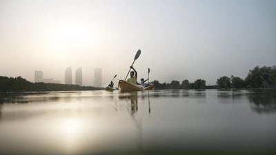 A group kayaks in the Eastern Mangroves. The campaign higlights the capital as an “inspiring destination” for those in search of cultural authenticity and diverse natural environments. Courtesy TCA Abu Dhabi