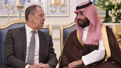 Russian Foreign Minister Sergei Lavrov, left, talks to Prince Mohammed bin Salman at the Saudi Royal palace. EPA