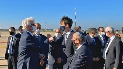 A screen grab from a handout video released by the US embassy in Morocco shows US Ambassador David T. Fischer (L) welcoming US President's advisor Jared Kushner (C) and Israeli National Security Advisor Meir Ben Shabbat (R) in Moroco's capital Rabat upon landing of the first Israel-Morocco direct commercial flight, marking the latest US-brokered diplomatic normalisation deal between the Jewish state and an Arab country. AFP