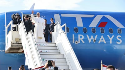 Pope Leo XIV waves as he leaves Beirut International Airport. AFP