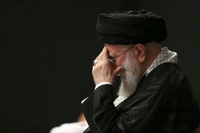 Iran's supreme leader Ayatollah Ali Khamenei attends a mourning ceremony commemorating the death anniversary of the Prophet Muhammad's grandson, Hussein, in Tehran, Iran. AP