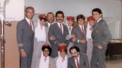 Emirates cabin crew in the 1980s. The 1990 Emirates ordered three more Airbus A310-300s at the Asean Aerospace exhibition in Singapore. Then, in 1991, it began services to the busiest international hub in the world – London Heathrow before ordering seven Boeing 777s, with an option for seven more. Courtesy Emirates