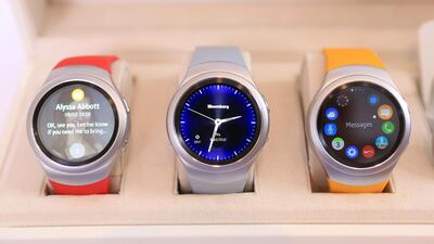 Samsung Gear S2 smartwatches sit in a display case at the Samsung exhibition stand during previews for the IFA International Consumer Electronics Show in Berlin, Germany, on Thursday, September 3, 2015. Krisztian Bocsi / Bloomberg