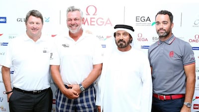 Grant Wilson, Darren Clarke, Mohamed Juma Buamaim and Mena Golf Tour ambassador at the Press conference at Emirates Golf Club on Sunday. Courtesy of Mena Golf Tour