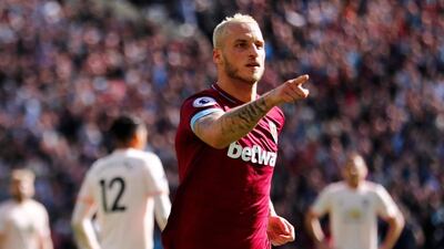 West Ham's Marko Arnautovic celebrates scoring his side's third goal against Manchester United. Reuters