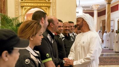 Sheikh Mohammed bin Zayed, Crown Prince of Abu Dhabi and Deputy Supreme Commander of the UAE Armed Forces (R), receives members of the Special Olympics World Games 2018, during a Sea Palace barza. Rashed Al Mansoori / Crown Prince Court - Abu Dhabi