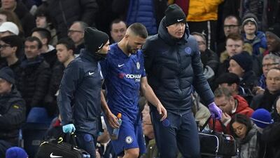 Mateo Kovacic of Chelsea leaves the field injured during the FA Cup match against Liverpool at Stamford Bridge earlier this month. EPA