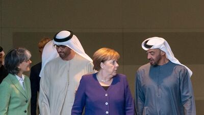 Sheikh Mohamed bin Zayed Al Nahyan, Crown Prince of Abu Dhabi and Deputy Supreme Commander of the UAE Armed Forces, is received by Angela Merkel, Chancellor of Germany, prior a meeting. Ministry of Presidential Affairs