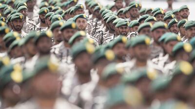National Service military personnel participate in a parade to mark the 40th anniversary of the Armed Forces unification, and the graduation ceremony for the 5th batch of National Service personnel, at the Seeh Al Hama camp. Mohamed Al Suwaidi / Crown Prince Court - Abu Dhabi