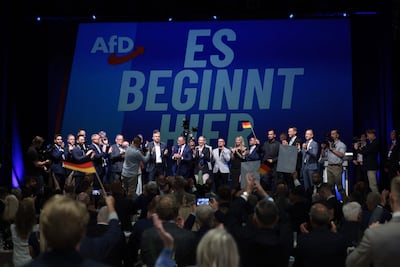 AfD leaders and party members sing the national anthem at their election party following Saxony-Anhalt vote. AFP