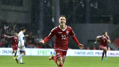 Denmark's Christian Eriksen celebrates after scoring against Armenia, during their World Cup Group E qualifying match in Copenhagen, Sunday, September 4, 2016. Jens Dresling / AP Photo