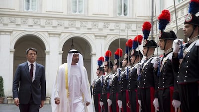 Sheikh Mohamed bin Zayed is received by Matteo Renzi, Prime Minister of Italy, at Palazzo Chigi on Thursday. Mohamed Al Hammadi / Crown Prince Court - Abu Dhabi