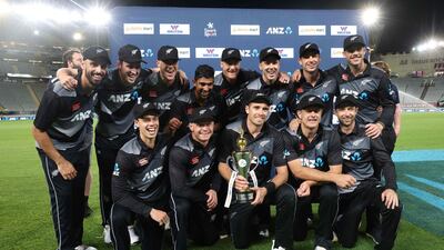 New Zealand's players celebrate their 3-0 T20 series victory. AFP